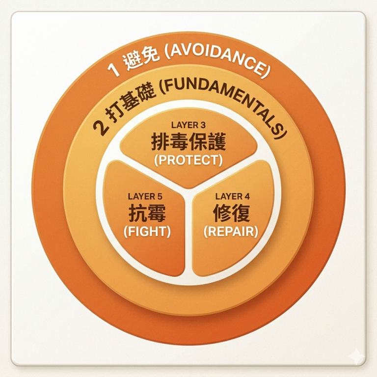 抗黴五層次橘子理論圖解：由外而內分為避免(Avoidance)、打基礎(Fundamentals)、排毒保護(Protect)、抗毒修復(Repair)、抗毒(Fight)五個層次