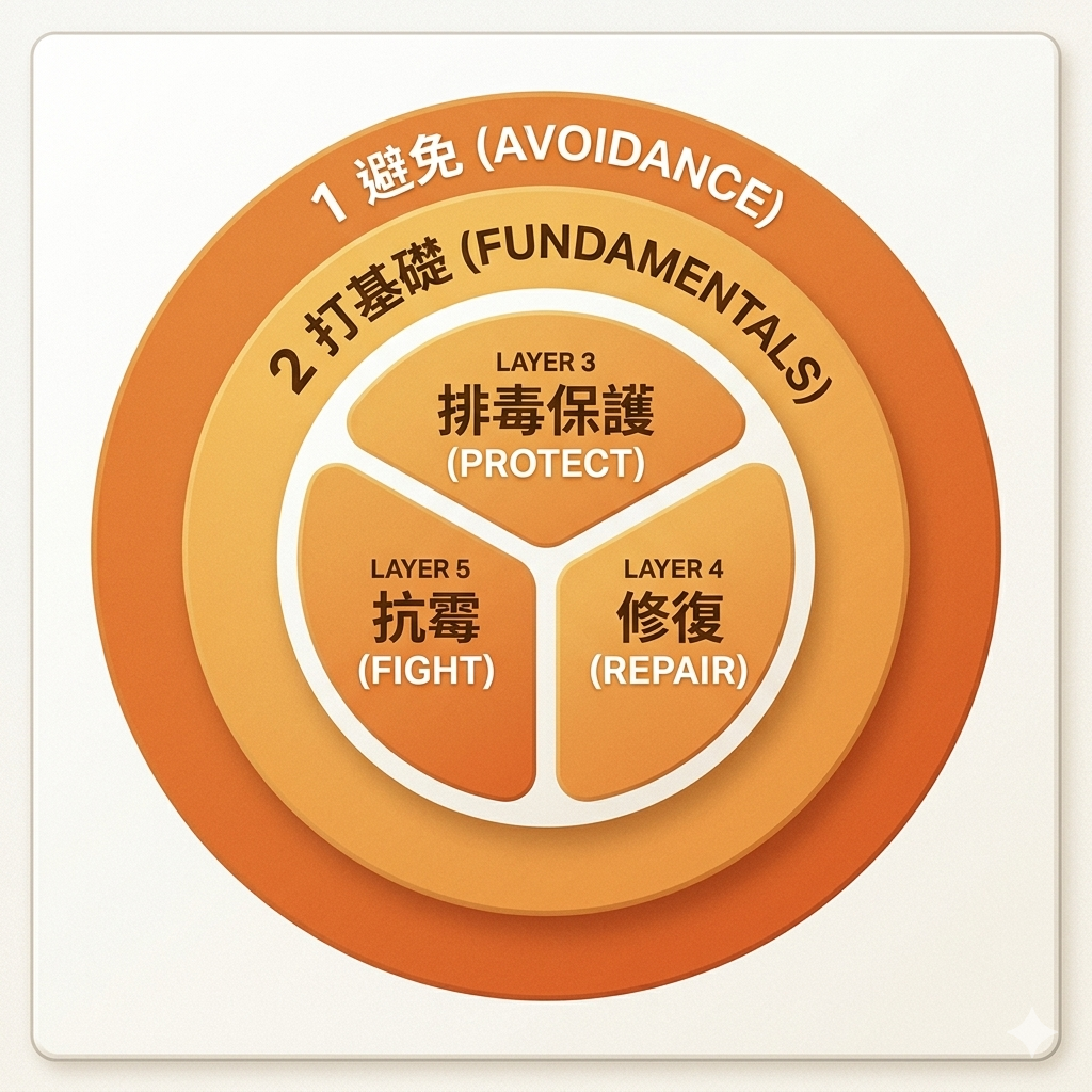 抗黴五層次橘子理論圖解：由外而內分為避免(Avoidance)、打基礎(Fundamentals)、排毒保護(Protect)、抗毒修復(Repair)、抗毒(Fight)五個層次