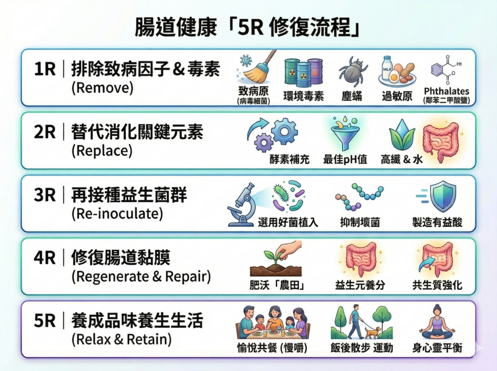 功能醫學5R腸道修復計畫圖解：1R排除有害物質、2R替代消化酵素、3R再接種好菌、4R修復腸道黏膜、5R養成品味養生生活