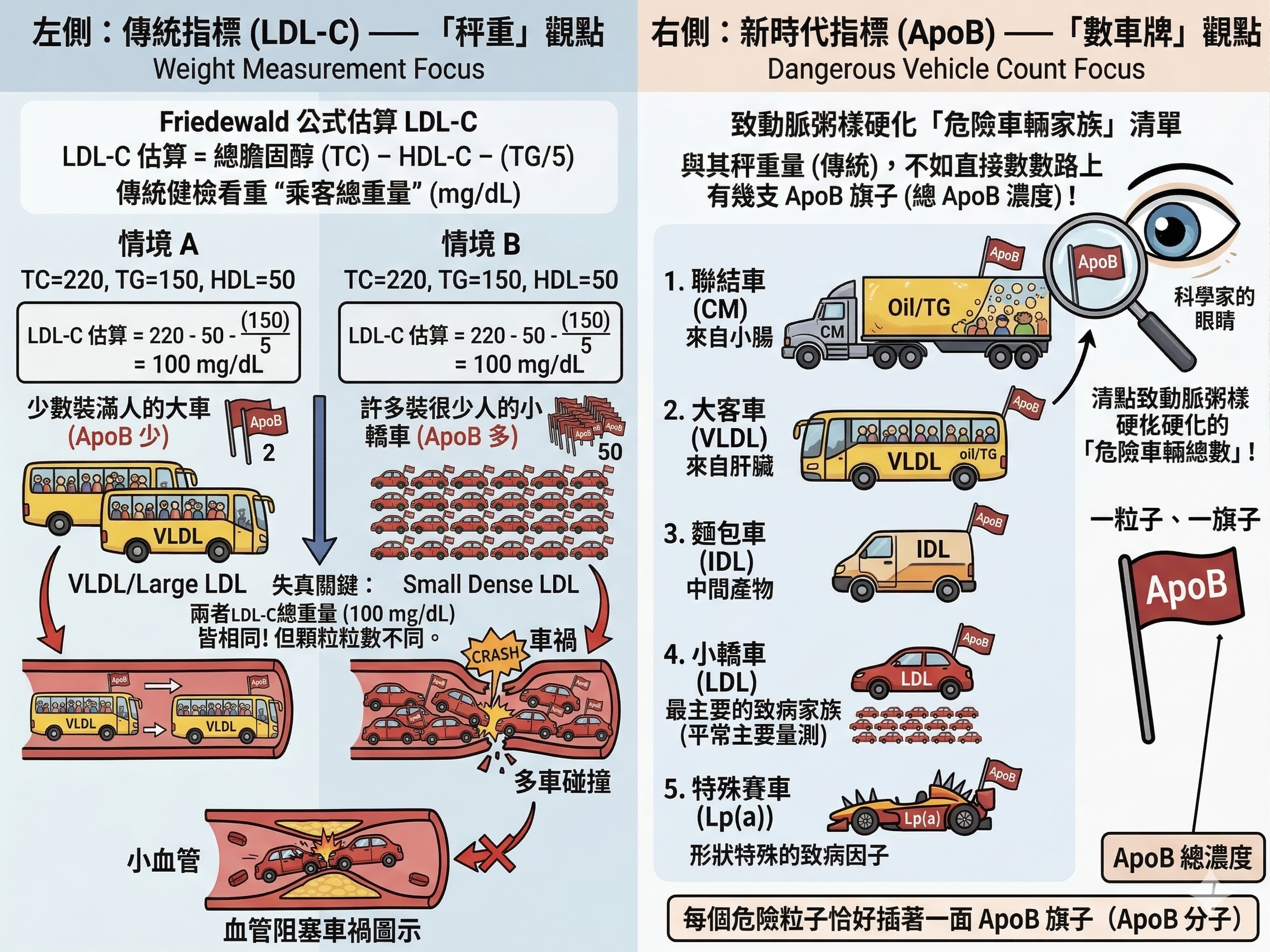 傳統 LDL-C 與新型 ApoB 指標比較資訊圖：左側以交通系統比喻說明 Friedewald 公式計算 LDL-C 的盲點（Large LDL vs Small Dense LDL 顆粒數差異導致動脈粥樣硬化風險不同），右側列出五類致動脈硬化脂蛋白（CM、VLDL、IDL、LDL、Lp(a)）及 ApoB 作為危險車輛總數指標的臨床意義